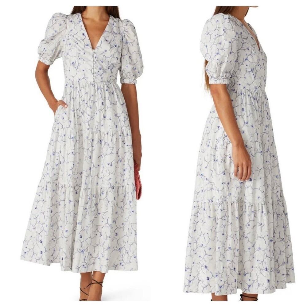 Nicholas Celie White Blue Floral Button Front Print Puff Sleeve Maxi Dress Sz 6